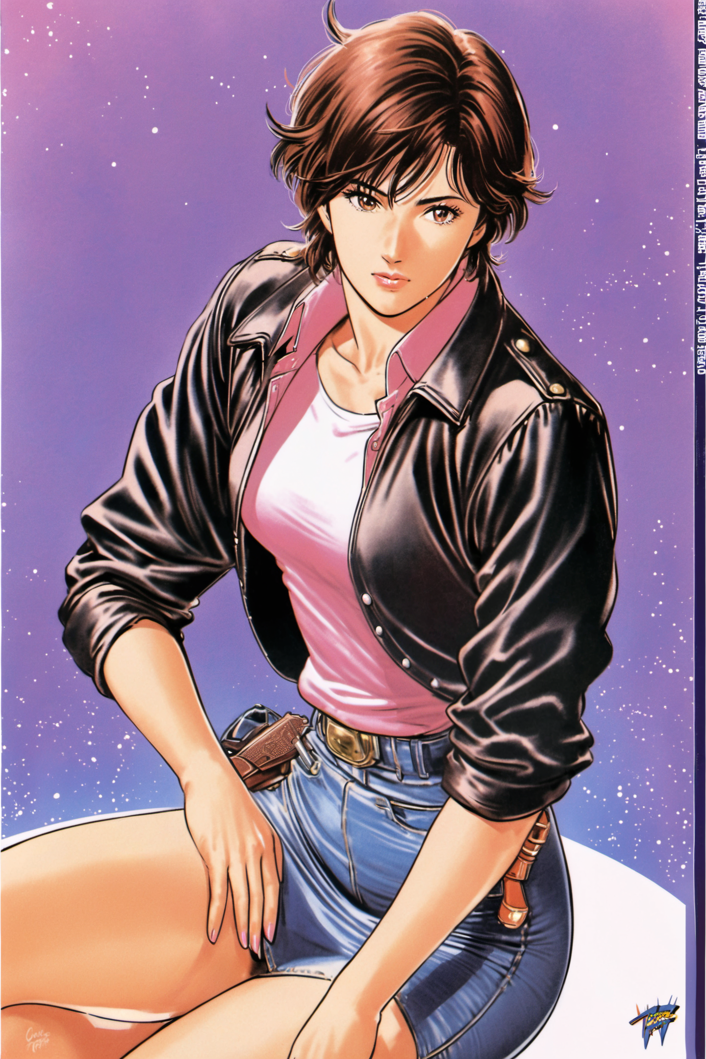 24482-2260542297-Makimura Kaori,1girl,solo,skirt,brown hair,short hair,handgun,holding gun,retro artstyle,denim,pencil skirt,miniskirt,denim skir.png